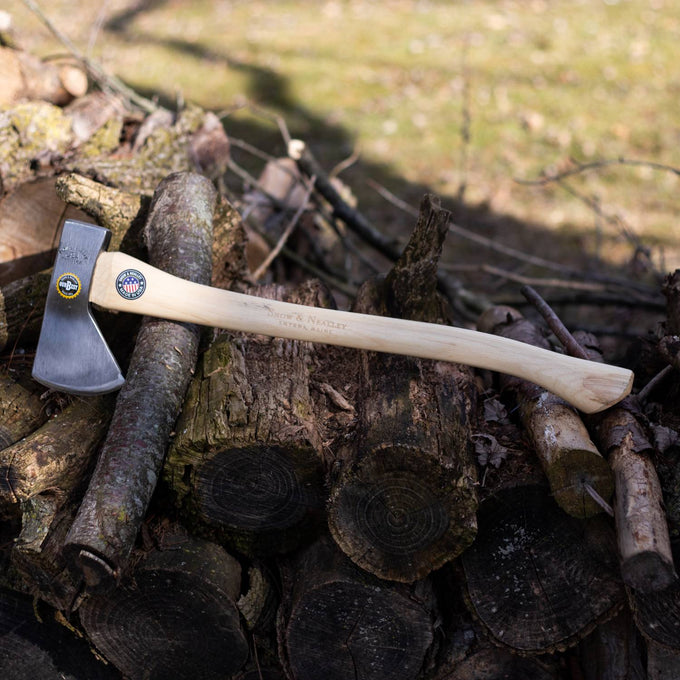 Hand-forged camping axe with a high carbon steel blade and smooth hickory handle, handcrafted in the USA by Amish makers, ideal for wood cutting, farm, garden, and hardware collections.