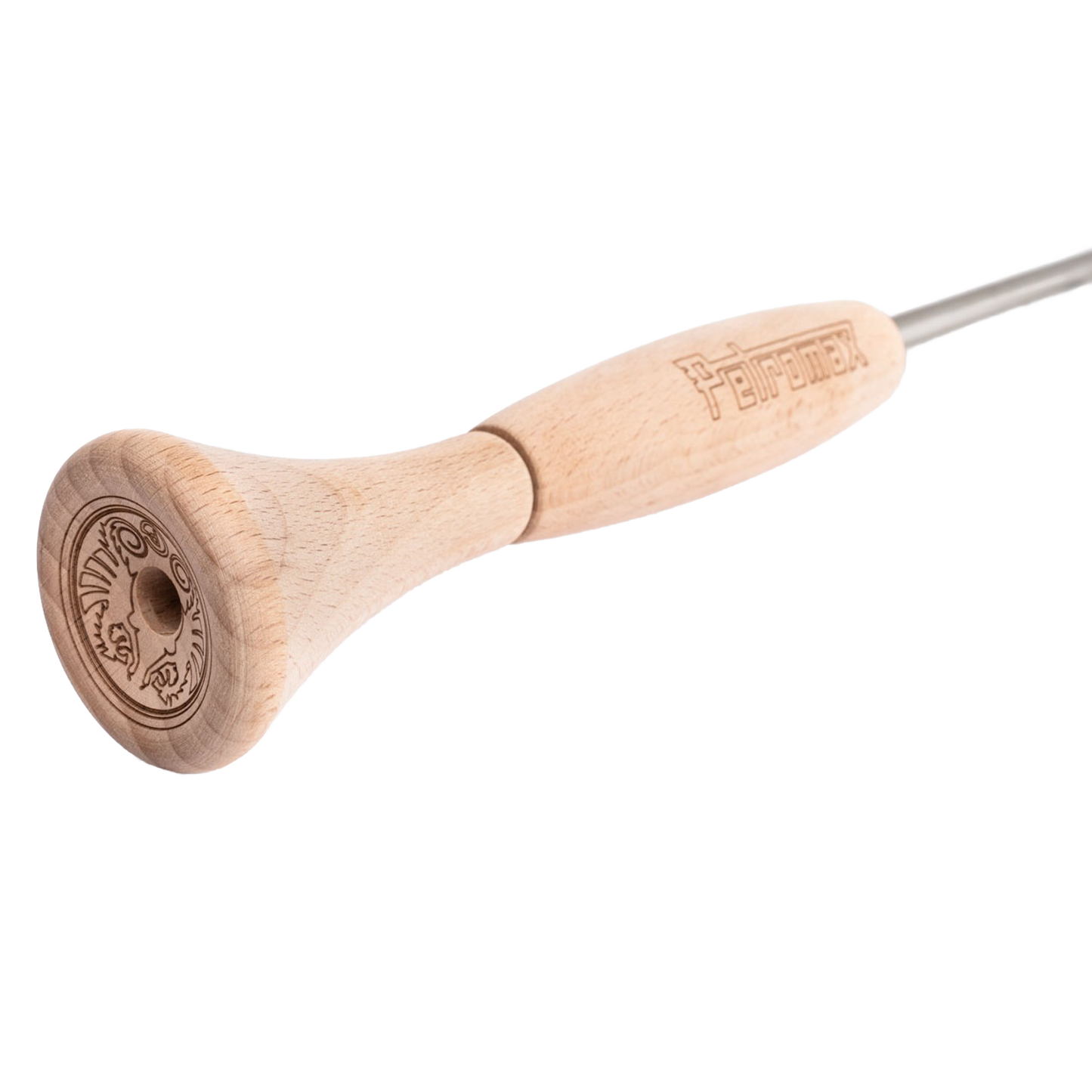 Wooden-handled fire blow pipe with engraved logo, designed to safely direct airflow for fire starting, featured in Farm, Garden & Tool, Stoves, Camping, and Hearth Accessories collections.