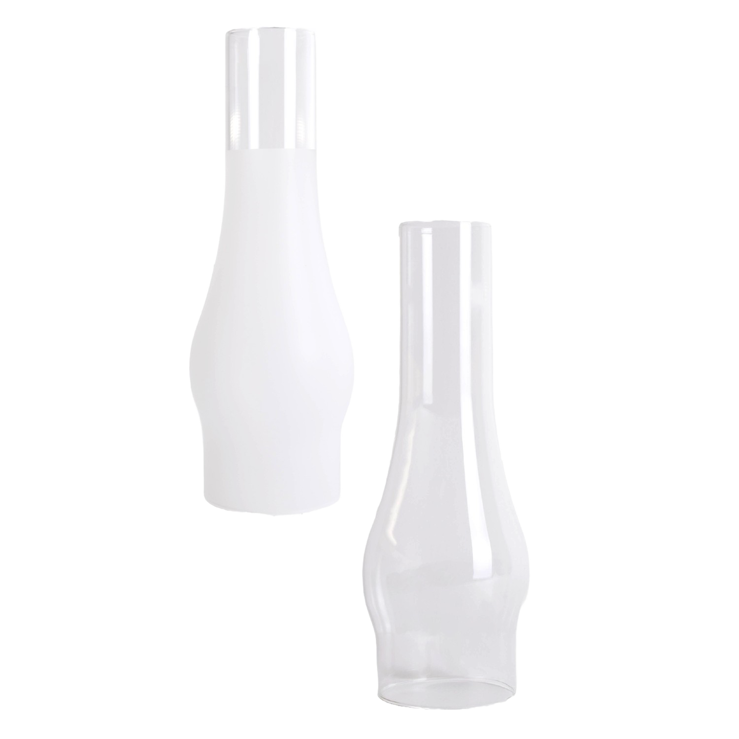Two glass lamp chimneys with 3" bases, one frosted and one clear, designed for oil lamps, ideal for Lamps & Lighting, Parts and Accessories, Chimneys and Globes, Best Sellers, and Promo Eligible collections.