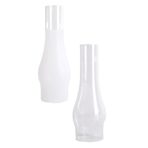 Two glass lamp chimneys with 3" bases, one frosted and one clear, designed for oil lamps, ideal for Lamps & Lighting, Parts and Accessories, Chimneys and Globes, Best Sellers, and Promo Eligible collections.