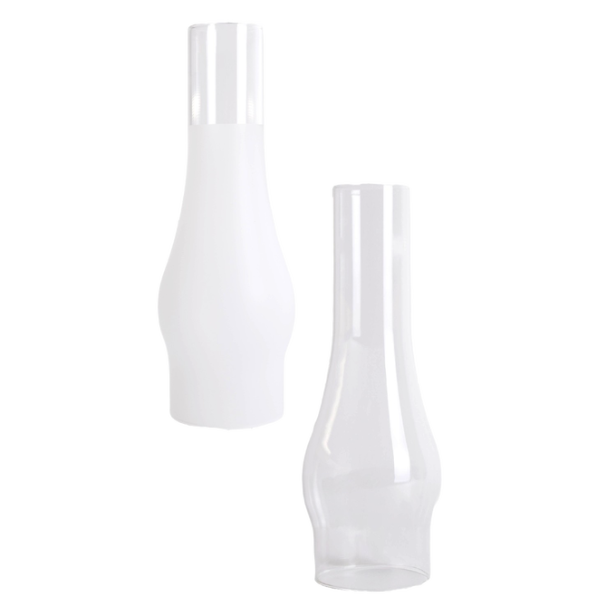 Two glass lamp chimneys with 3" bases, one frosted and one clear, designed for oil lamps, ideal for Lamps & Lighting, Parts and Accessories, Chimneys and Globes, Best Sellers, and Promo Eligible collections.
