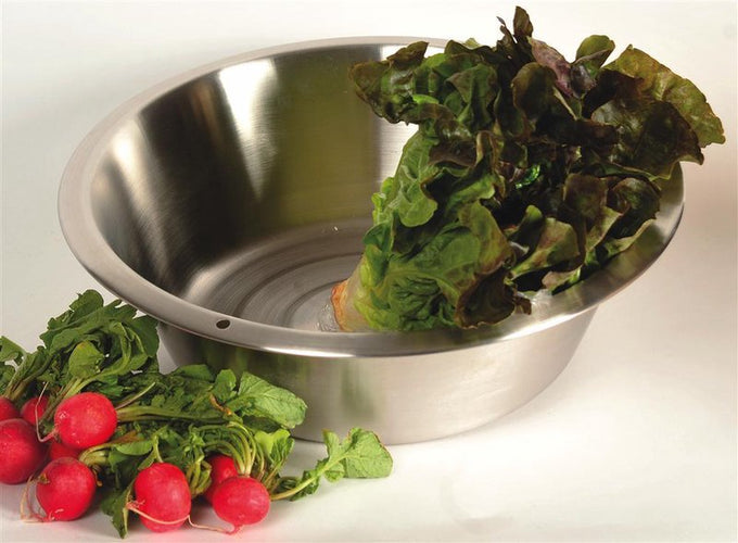 Deep stainless steel basin holding leafy lettuce, shown alongside fresh radishes, ideal for household cleaning and kitchen prep in Home & Decor and Cleaning Utensils collections.