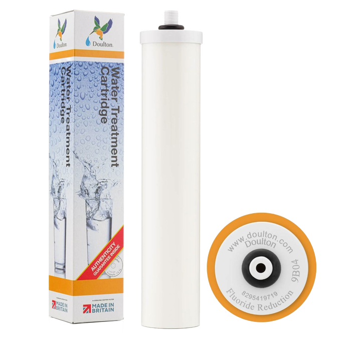 White cylindrical water filter cartridge designed to reduce fluoride, displayed with packaging featuring water splash graphics and Made in Britain label, for use in water treatment collections.