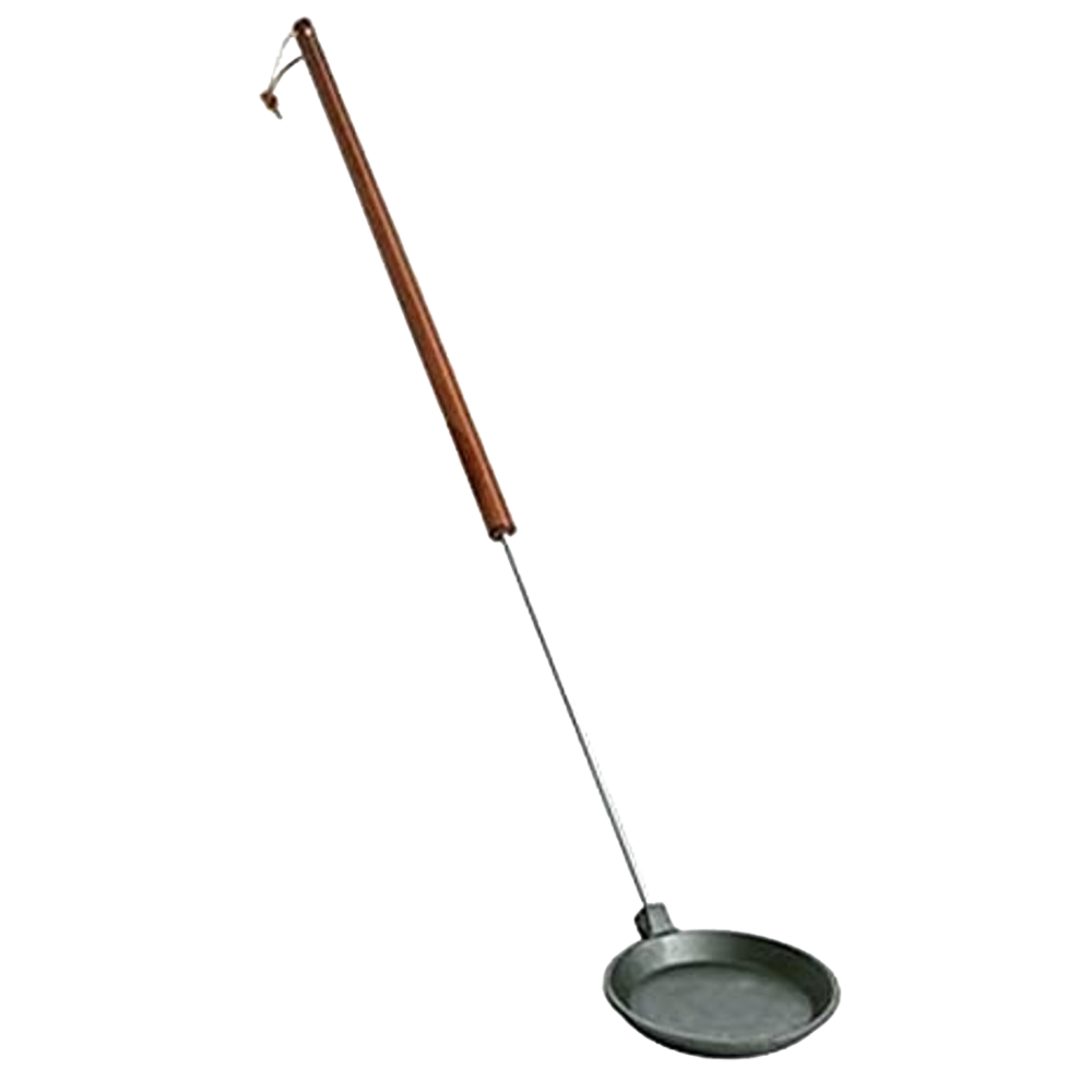 Cast iron campfire skillet with a 32-inch wooden handle and leather hanging loop, designed for safe outdoor cooking, featured in Farm, Garden & Tool, Camping, Best Sellers, and Promo Eligible collections.