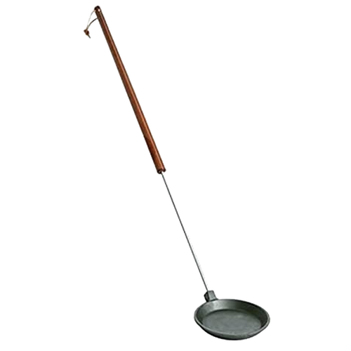 Cast iron campfire skillet with a 32-inch wooden handle and leather hanging loop, designed for safe outdoor cooking, featured in Farm, Garden & Tool, Camping, Best Sellers, and Promo Eligible collections.