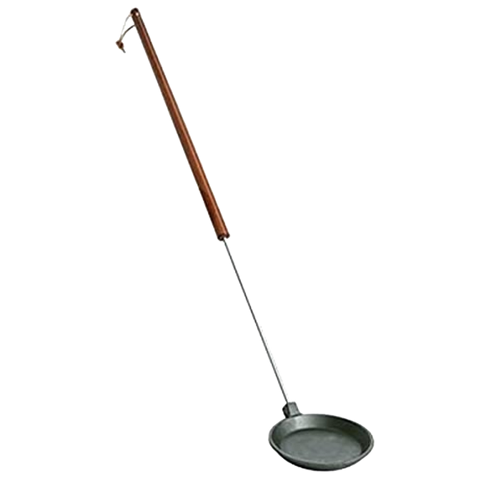 Cast iron campfire skillet with a 32-inch wooden handle and leather hanging loop, designed for safe outdoor cooking, featured in Farm, Garden & Tool, Camping, Best Sellers, and Promo Eligible collections.