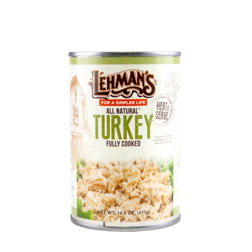 Can of Lehman's handcrafted all-natural fully cooked turkey, ready to heat and serve, featured in Farm, Garden & Tool, Kitchen & Food, Emergency Supplies, Food, Meats, Best Sellers, and Promo Eligible collections.