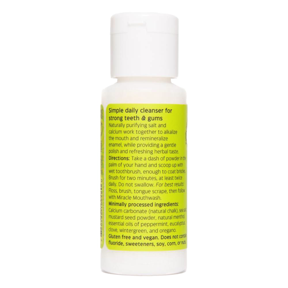 Small white plastic bottle of natural tooth powder featuring bright green label with instructions and ingredients highlighting gentle polishing and mouth alkalizing benefits, handcrafted and made in USA, suitable for Health & Wellness, Health Remedies, Grooming and Personal Hygiene, USA Made, Best Sellers, and Promo Eligible collections.