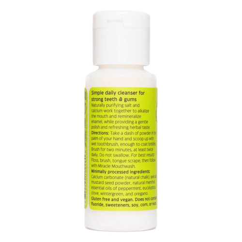 Small white plastic bottle of natural tooth powder featuring bright green label with instructions and ingredients highlighting gentle polishing and mouth alkalizing benefits, handcrafted and made in USA, suitable for Health & Wellness, Health Remedies, Grooming and Personal Hygiene, USA Made, Best Sellers, and Promo Eligible collections.