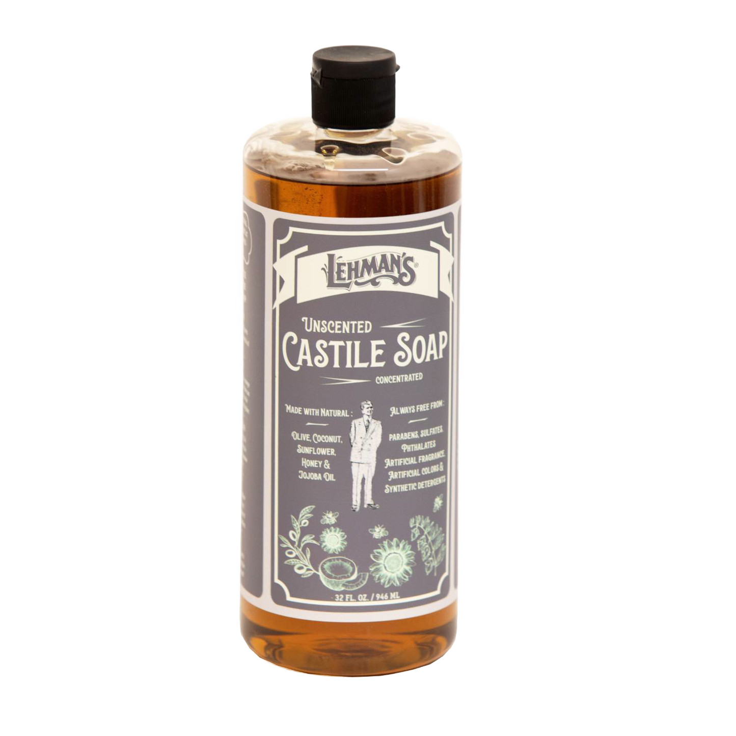 Clear amber bottle of handcrafted Lehman's unscented concentrated castile soap made in USA, plant-based formula with natural oils, ideal for Health & Wellness, Grooming, and Soaps collections.
