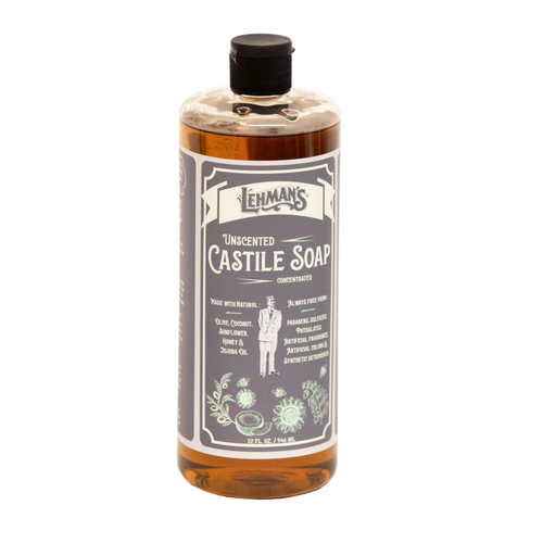 Clear amber bottle of handcrafted Lehman's unscented concentrated castile soap made in USA, plant-based formula with natural oils, ideal for Health & Wellness, Grooming, and Soaps collections.