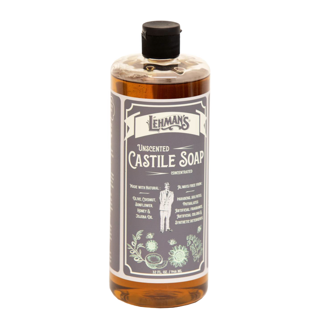 Clear amber bottle of handcrafted Lehman's unscented concentrated castile soap made in USA, plant-based formula with natural oils, ideal for Health & Wellness, Grooming, and Soaps collections.