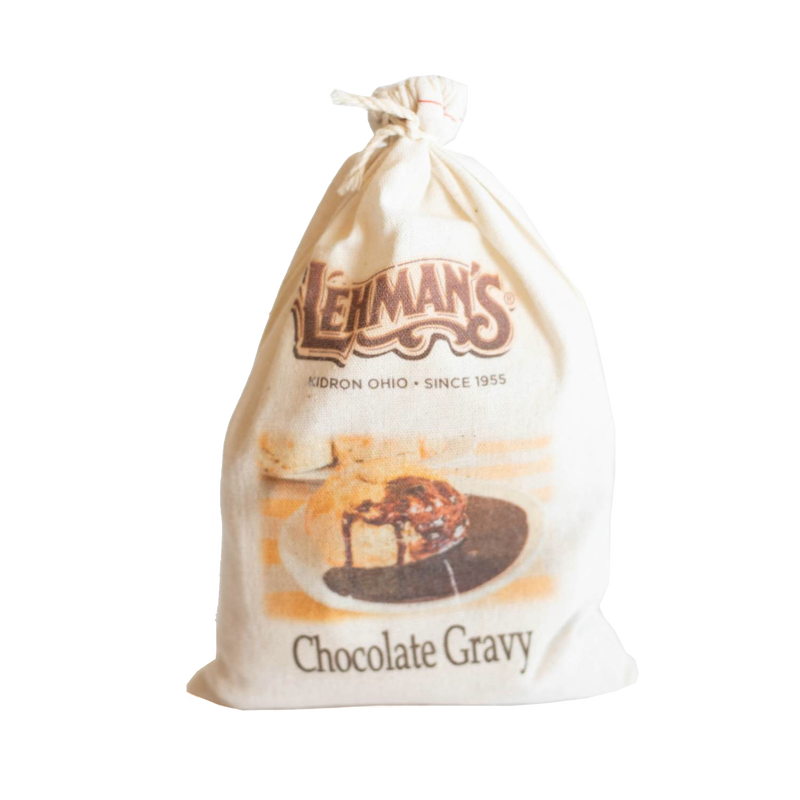 Fabric drawstring bag of handcrafted Lehman's chocolate gravy mix, featuring a southern-style dessert image, perfect for Kitchen & Food, Pantry, Snacks and Sweets, and Best Sellers collections.