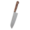 7-inch Santoku knife with a mirror-polished steel blade featuring carved divots to reduce sticking and a wooden handle stamped with the brand, crafted for kitchen knives and food prep in USA Made collections.