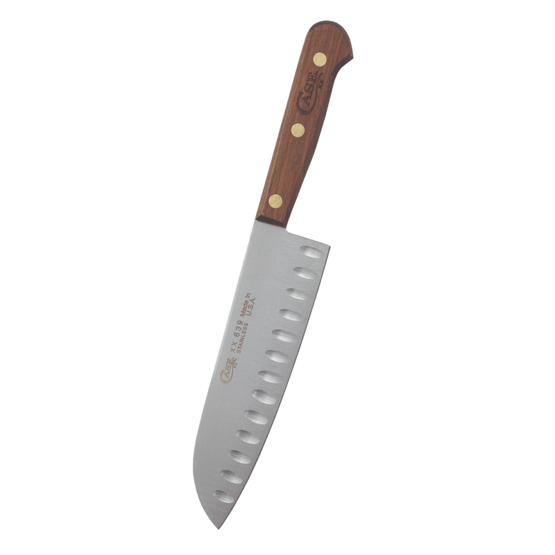 7-inch Santoku knife with a mirror-polished steel blade featuring carved divots to reduce sticking and a wooden handle stamped with the brand, crafted for kitchen knives and food prep in USA Made collections.