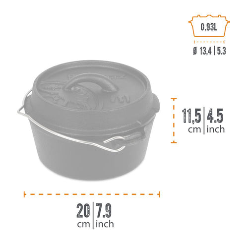 Compact black cast iron Dutch oven with flat base and metal bail handle, featuring embossed lid with integrated handle, ideal for Kitchen & Food, Cookware, Cast Iron, Best Sellers, Promo Eligible collections.