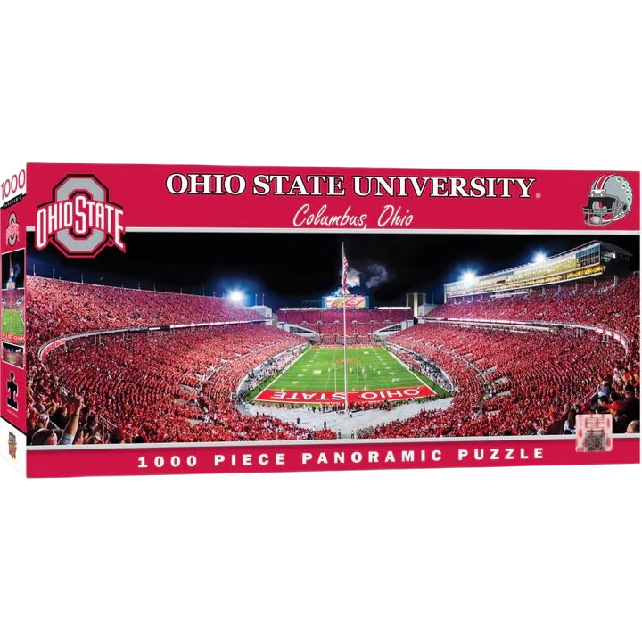 Panoramic jigsaw puzzle featuring a vibrant nighttime aerial view of Ohio State University’s Horseshoe Stadium filled with fans, ideal for Toys, Books & Games and Puzzles collections.
