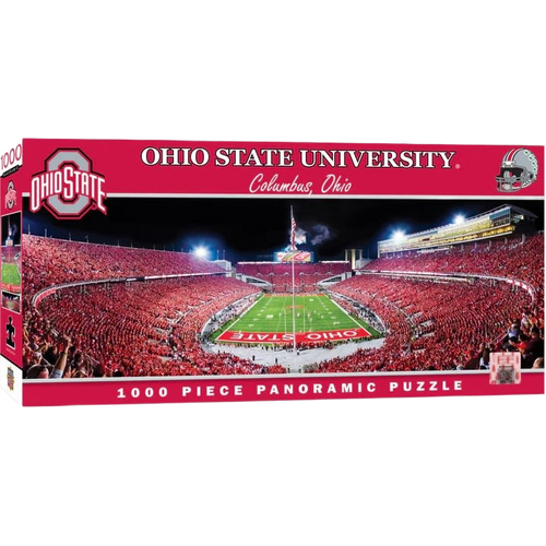 Panoramic jigsaw puzzle featuring a vibrant nighttime aerial view of Ohio State University’s Horseshoe Stadium filled with fans, ideal for Toys, Books & Games and Puzzles collections.