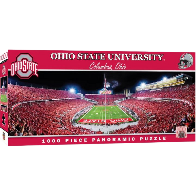 Panoramic jigsaw puzzle featuring a vibrant nighttime aerial view of Ohio State University’s Horseshoe Stadium filled with fans, ideal for Toys, Books & Games and Puzzles collections.