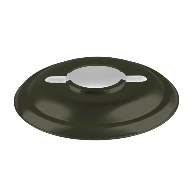 Unique handcrafted steel reflector shade in dark olive, designed to direct lantern light downward while reducing glare and protecting glass, ideal for Lamps & Lighting and Emergency Supplies collections.