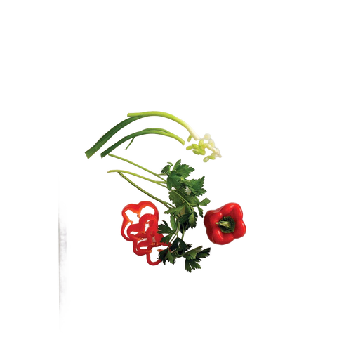 Sliced red bell pepper, fresh celery stalks, and leafy parsley arranged on a sturdy, high-quality polyethylene cutting board, ideal for food prep in Kitchen & Food and Best Sellers collections.