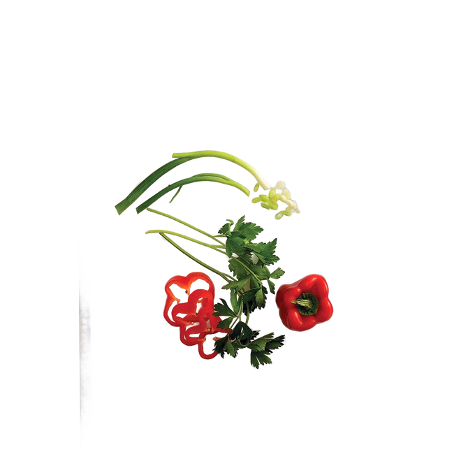 Sliced red bell pepper, fresh celery stalks, and leafy parsley arranged on a sturdy, high-quality polyethylene cutting board, ideal for food prep in Kitchen & Food and Best Sellers collections.
