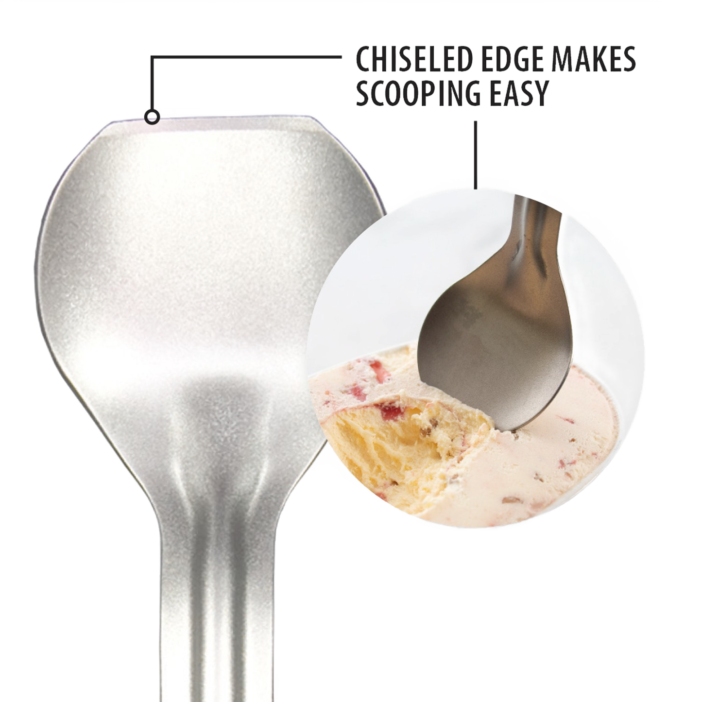 Sturdy stainless steel ice cream scoop with a chiseled edge for effortless scooping of hard ice cream, handcrafted in the USA, ideal for Kitchen & Food and Specialty Equipment collections.