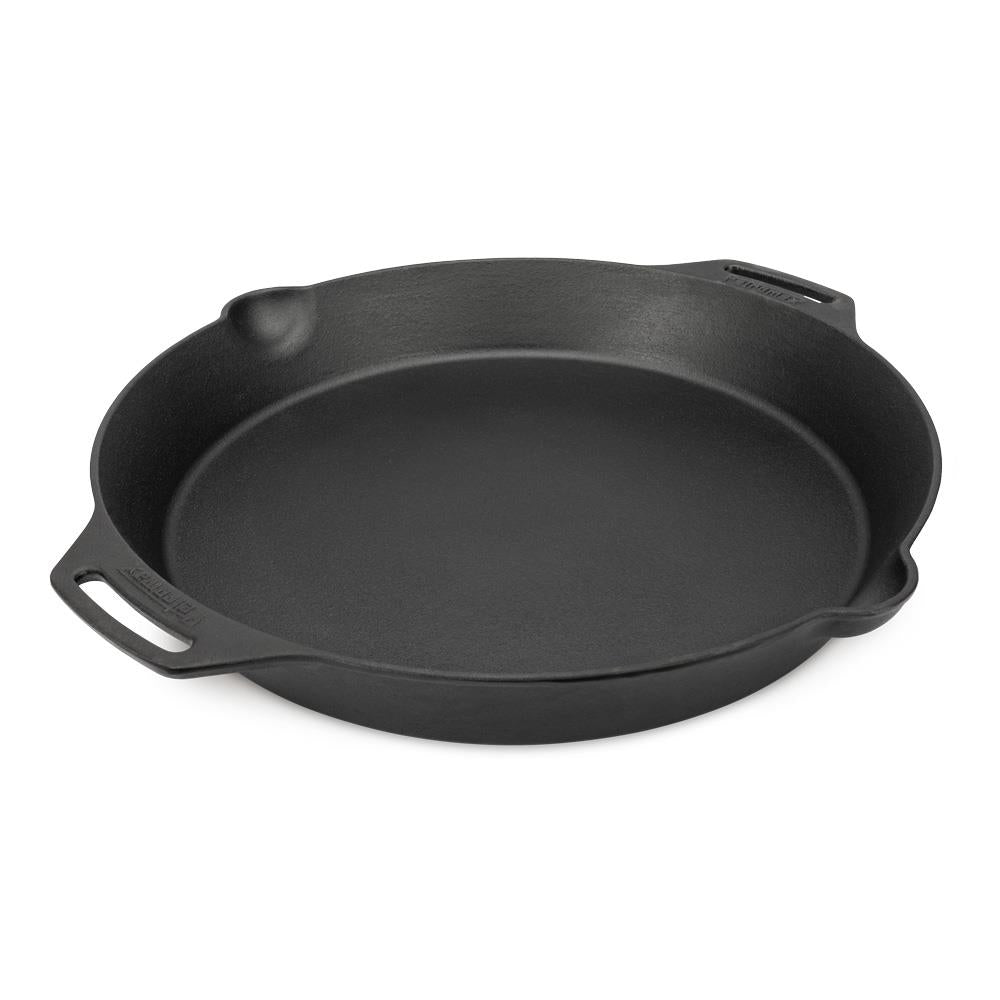 Handcrafted cast iron skillet with two side handles and a pouring spout, designed for versatile use in farm, garden, kitchen, camping, cookware, and cast iron collections.