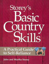Close-up of a book cover titled Basic Country Skills with a rustic red wood background, featuring a practical guide to self-reliance and an image of hands holding seedlings, suitable for heritage and lifestyle, farm and livestock, and home and garden collections.
