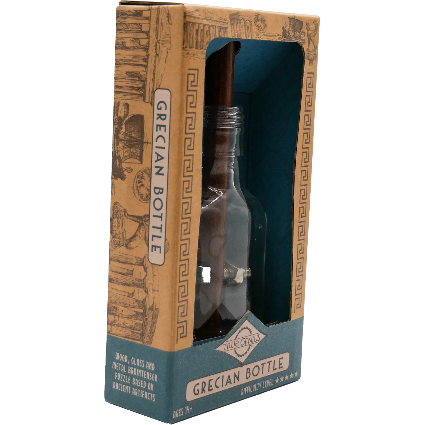 Handcrafted puzzle featuring a clear glass bottle with wooden rod, metal pin, and other components, designed for challenging brainteaser fun in Toys, Games and Puzzles, and Best Sellers collections.