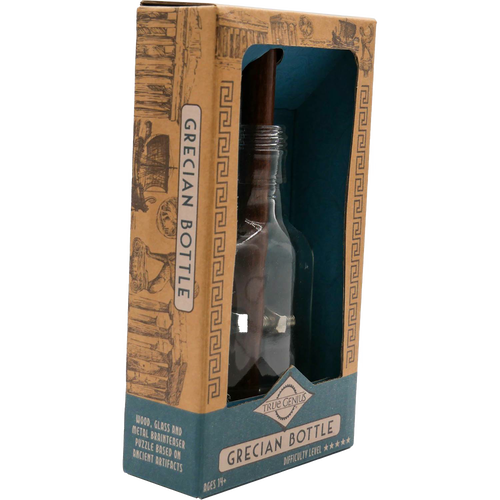 Handcrafted puzzle featuring a clear glass bottle with wooden rod, metal pin, and other components, designed for challenging brainteaser fun in Toys, Games and Puzzles, and Best Sellers collections.