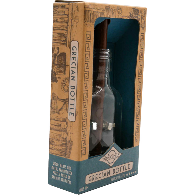 Handcrafted puzzle featuring a clear glass bottle with wooden rod, metal pin, and other components, designed for challenging brainteaser fun in Toys, Games and Puzzles, and Best Sellers collections.