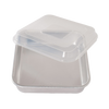 Square aluminum cake pan with encapsulated galvanized steel rims to prevent warping and a clear plastic lid for convenient storage, ideal for baking in Kitchen & Food collections.