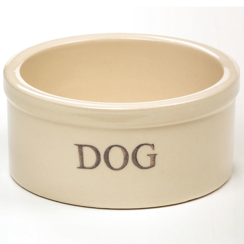 Glossy natural stone-colored small stoneware pet bowl labeled for dogs, handcrafted and made in USA, ideal for Home & Decor, Pet Supplies, Best Sellers, and Promo Eligible collections.