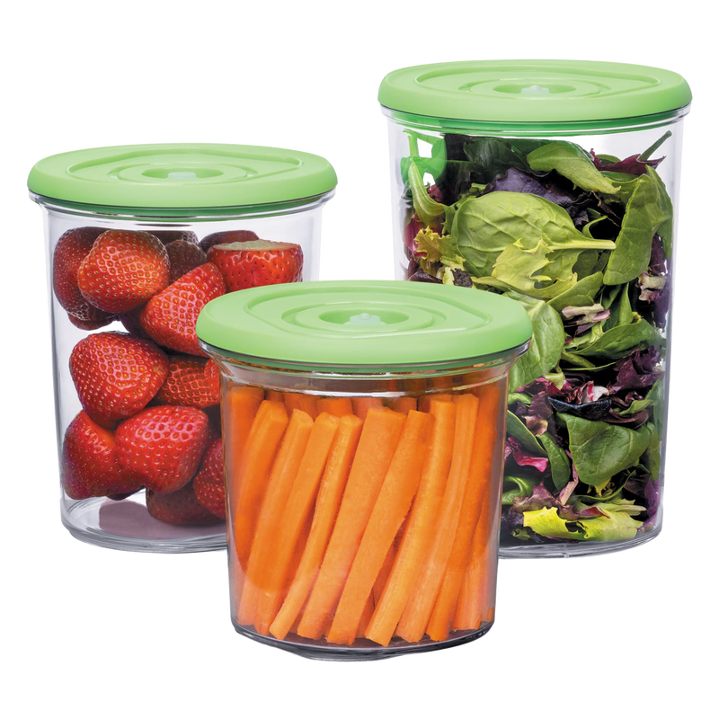 Set of three reusable vacuum seal containers with green lids, holding fresh strawberries, carrot sticks, and mixed leafy greens, designed for kitchen food preservation and storage.