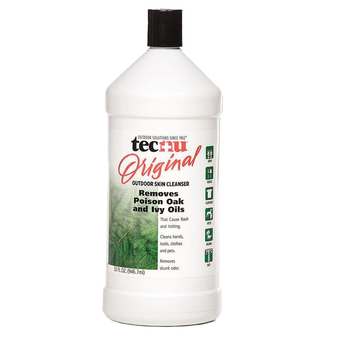 White plastic bottle of Tecnu Original outdoor skin cleanser with black cap, designed to remove poison oak, poison ivy oils, skunk odors, and tree sap, featured in Health & Wellness, Health Remedies, USA Made, and Best Sellers collections.