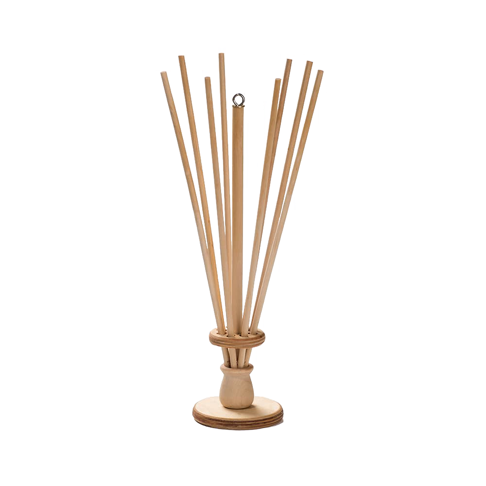 Handcrafted wooden drying rack with multiple vertical rods and circular base, designed for drying plastic bags and bottles, ideal for Kitchen & Food, Kitchen Gadgets, Accessories, and Best Sellers collections.
