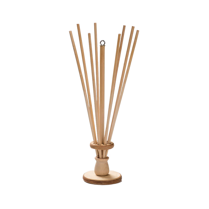 Handcrafted wooden drying rack with multiple vertical rods and circular base, designed for drying plastic bags and bottles, ideal for Kitchen & Food, Kitchen Gadgets, Accessories, and Best Sellers collections.