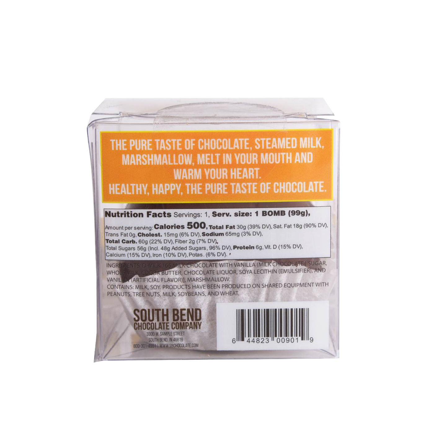 Clear packaging featuring a handcrafted hot chocolate bomb with marshmallows, made in USA, perfect for Kitchen & Food, Snacks and Sweets, Beverages, and Best Sellers collections.