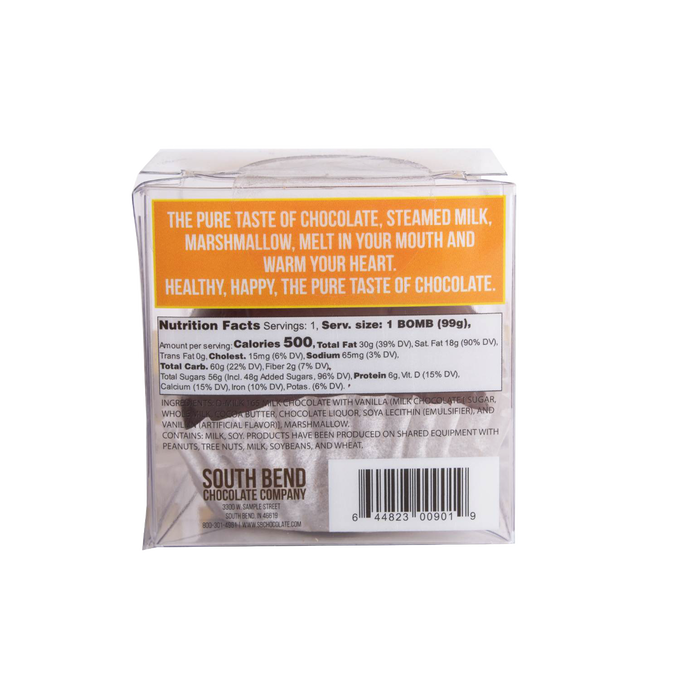 Clear packaging featuring a handcrafted hot chocolate bomb with marshmallows, made in USA, perfect for Kitchen & Food, Snacks and Sweets, Beverages, and Best Sellers collections.