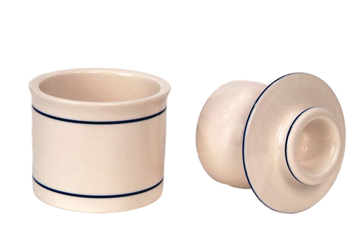Handcrafted ancient-style ceramic butter crock featuring minimalist blue line accents, designed for keeping butter soft and fresh without refrigeration, ideal for farm, kitchen, and homesteading collections.