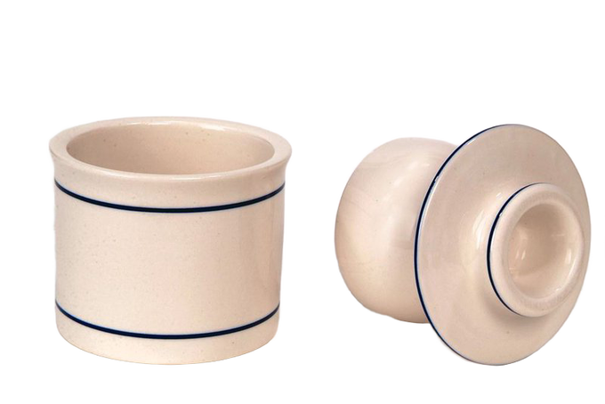 Handcrafted ancient-style ceramic butter crock featuring minimalist blue line accents, designed for keeping butter soft and fresh without refrigeration, ideal for farm, kitchen, and homesteading collections.