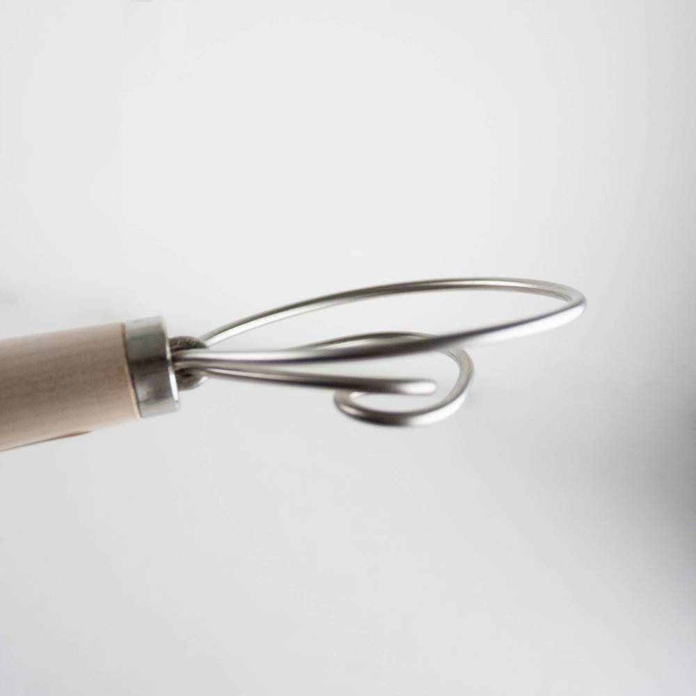 Handcrafted Amish made dough whisk with a natural wood handle and two sturdy spiral metal loops, perfect for mixing all types of dough in Kitchen & Food and Baking Supplies collections.