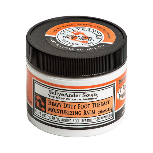 Small jar of handcrafted moisturizing balm for heavy-duty foot therapy with natural essential oils and herbs, part of Health & Wellness and USA Made collections.