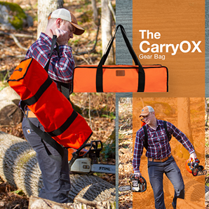 Man carrying a bright orange CarryOX gear bag through a wooded area with logs and chainsaw nearby, featured in Farm, Garden & Tool, Wood Cutting and Hauling, USA Made, Best Sellers, and Promo Eligible collections.