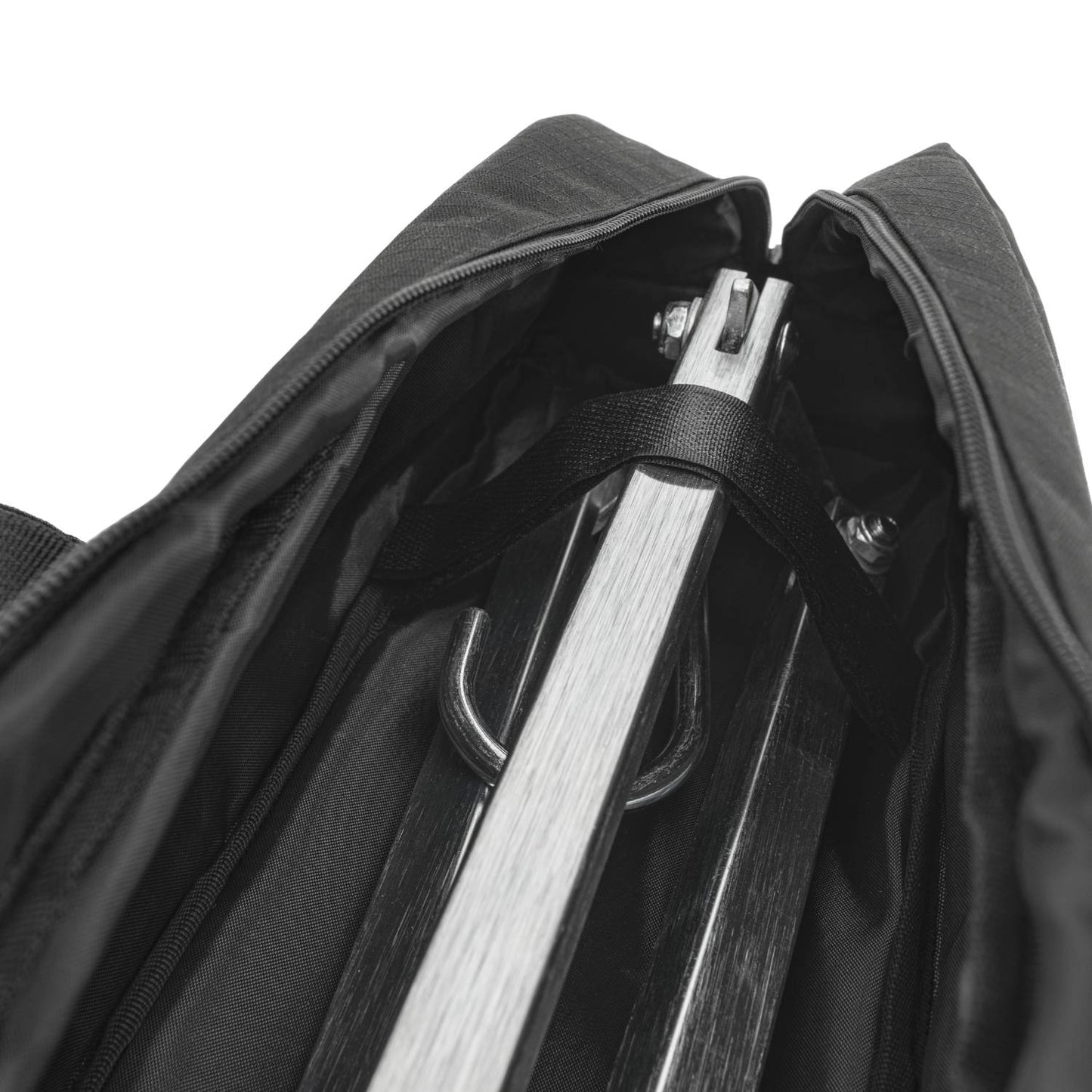 Black transport bag with padded interior and reinforced base holding folded metal and wood cooking tripod securely, designed for camping and outdoor use in Farm, Garden & Tool and Best Sellers collections.