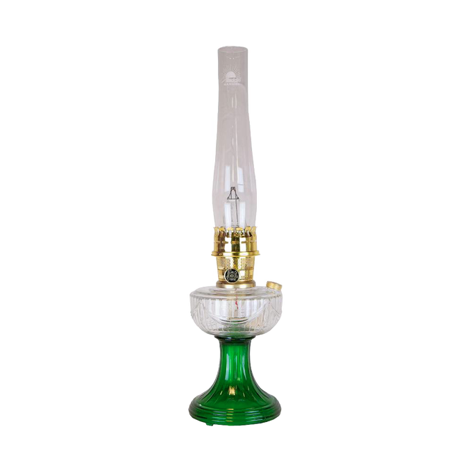 Clear glass oil lamp with tall chimney and emerald green glass base featuring a handcrafted sweeping font design, ideal for Lamps & Lighting, Oil Lamps, and Table Lamps collections.