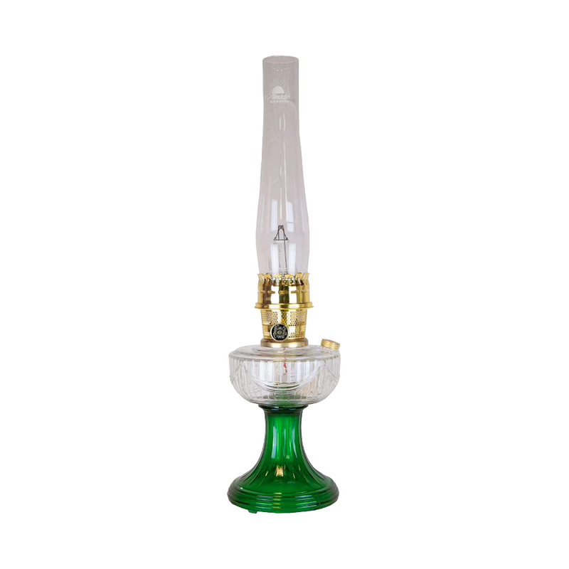 Clear glass oil lamp with tall chimney and emerald green glass base featuring a handcrafted sweeping font design, ideal for Lamps & Lighting, Oil Lamps, and Table Lamps collections.