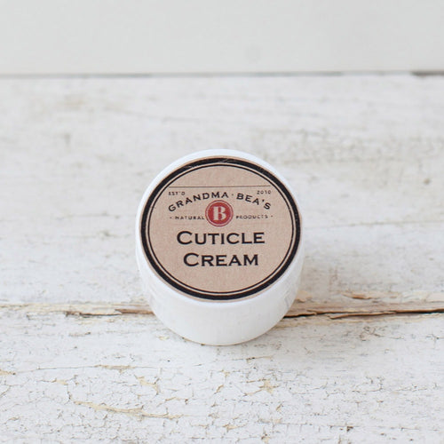 Small white container of handcrafted all-natural cuticle cream with rustic beige label, featured in Health & Wellness, Balms, Creams and Lotions, Grooming, USA Made, and Best Sellers collections.
