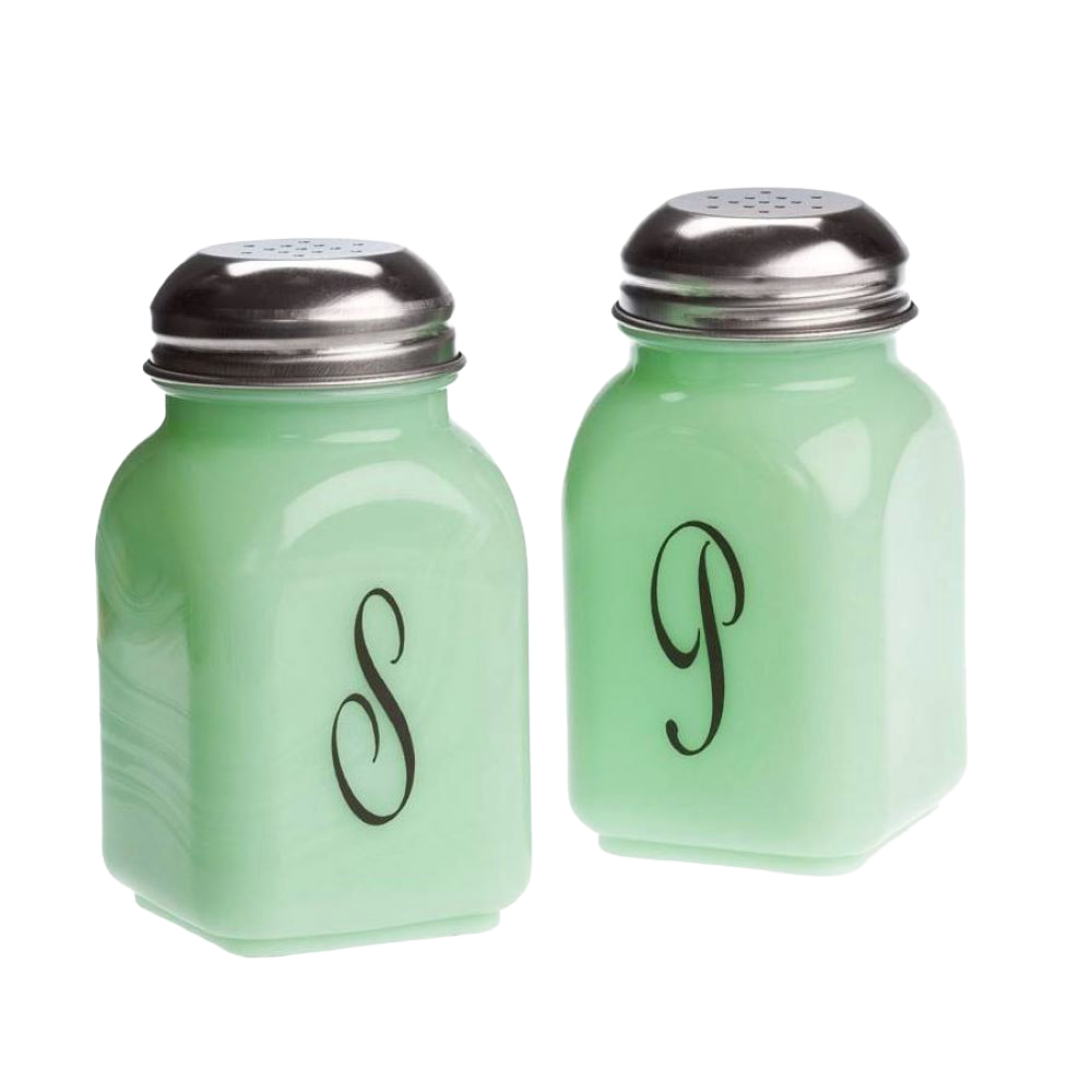 Set of two vintage-style pale green glass salt and pepper shakers with black monograms and metal tops, handcrafted in the USA, ideal for Kitchen & Food, Dinnerware, and Storage collections.